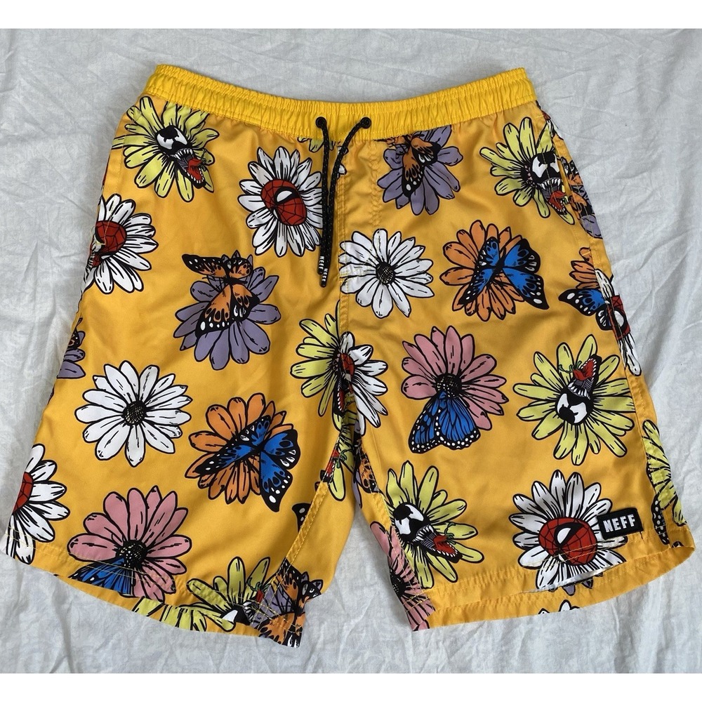 NEFF Marvel Spiderman Men's Swim Trunks Men's Large Yellow Floral Board Shorts